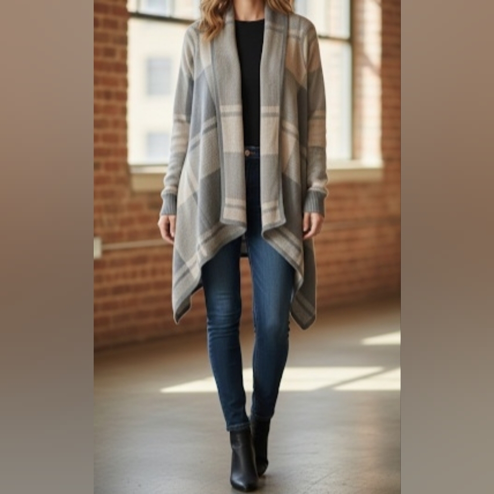 Merona Plaid Open Front Waterfall Cardigan Gray Cream Shawl Collar Large